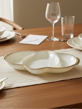 Vintage Anchor Hocking Fire King Gold Trim Divided Relish Dish Milk Glass